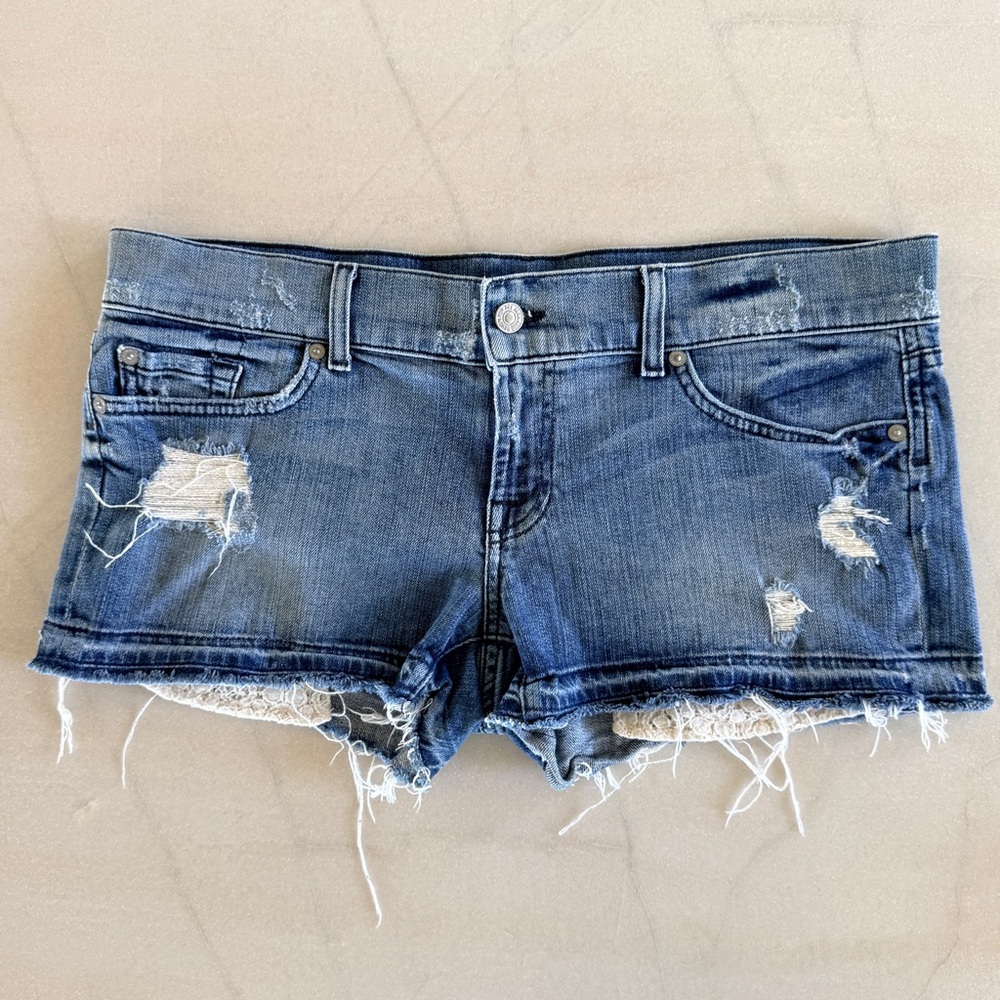7 For All Mankind Distressed Boyfriend Denim Shorts Lace Raw Hem Womens 32